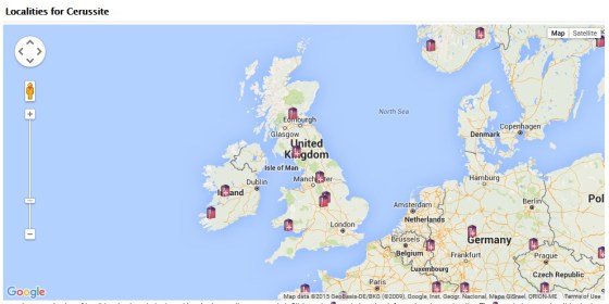 Locations registered for Cerussite in the UK, from the MinDat website.