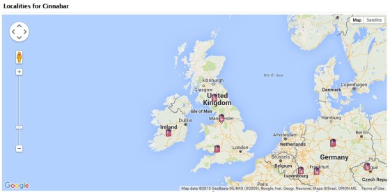Locations for Cinnabar in the UK, as per the MinDat website.