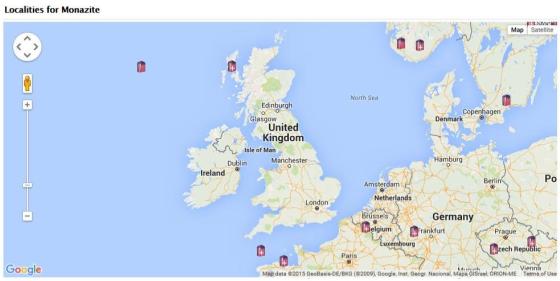 Locations registered for Monazitein the UK, from the MinDat website. The crystal in the sea between Cornwall and France, should actually be on Cornwall!