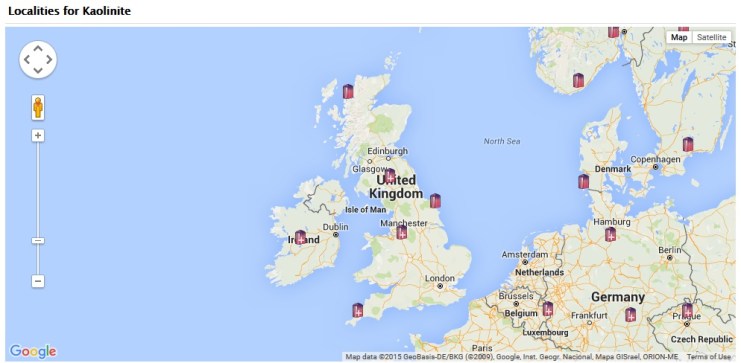 Kaolinite is found in many locations in the UK, in fact if you zoom in on this map from the MinDat Website you can see more and more little crystals pop up!