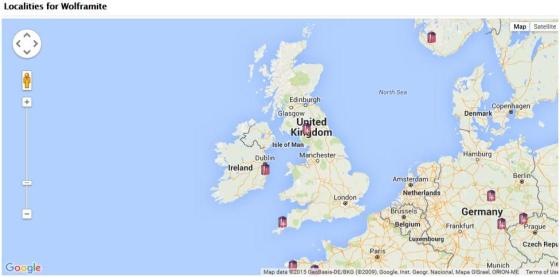 locations of wolframite from mindat website