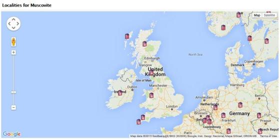 Muscovite Mica can be found in many places across the UK, not least as part of some sparkly or shiny rocks that you might spot. This is the locations of Muscovite in the UK from the MinDat website.