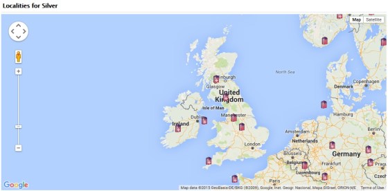 Locations for Silver in the UK from the MinDat Website - again visit the website for much more detailed information.