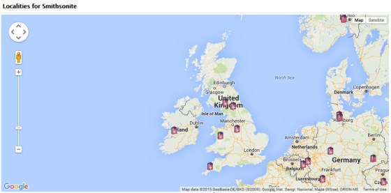 Locations for Smithsonite from the MinDat Website.