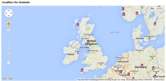 You can find Uraninite in a few locations across the UK, but it is more often found in it's grey-black form.