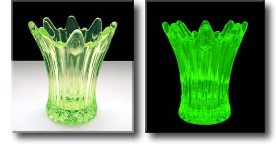 One of the key giveaways about Vaseline Glass (or Uranium Glass) is that it is a bright yellow-green and fluoresces in UV light (image from 1st glass 1st things).